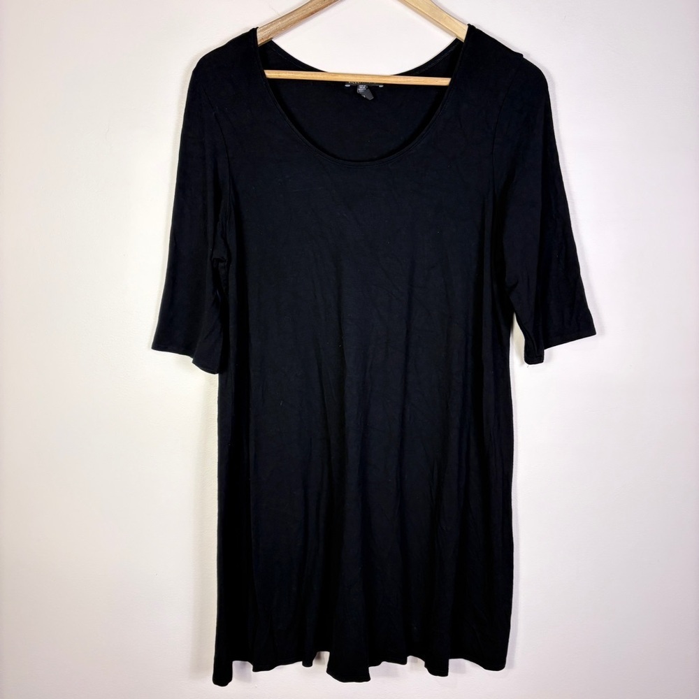 Eileen Fisher Black Stretch Jersey 3/4 Sleeve Tunic Top Lagenlook Minimalist